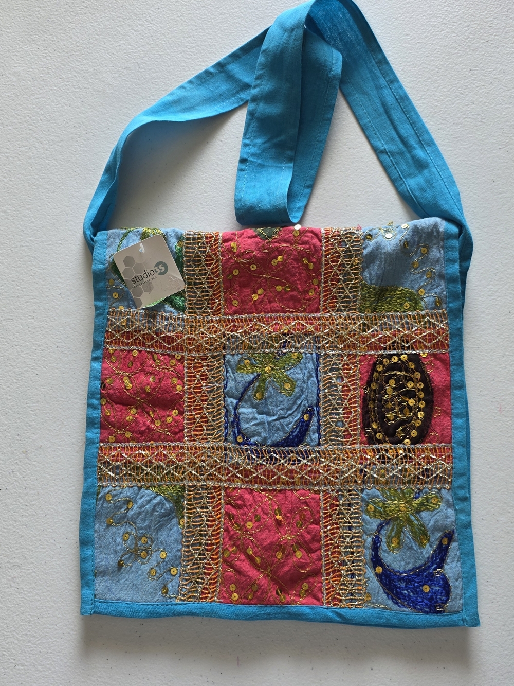 Studio 35 Embroidered Patchwork Shoulder Bag in Turquoise & Multicolor